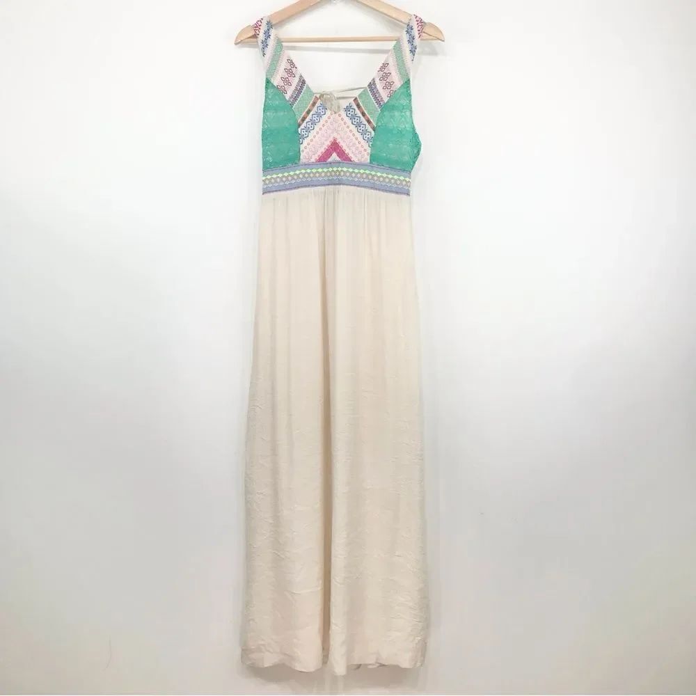 Flying Tomato Cream Green Ethnic Print Lace Top Crinkle Maxi Halter Dress